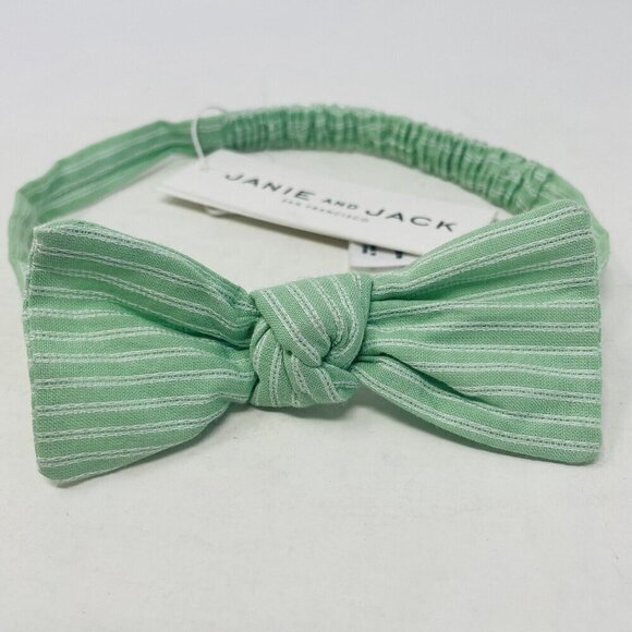 Janie and Jack Baby Girls One Size Elastic Green Striped Headband with Bow - Picture 1 of 6